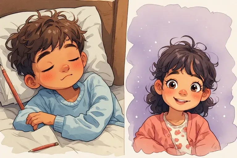 Eli sleeps against his pillow beside a pencil, while Nora smiles toward the reader in a coral cardigan.