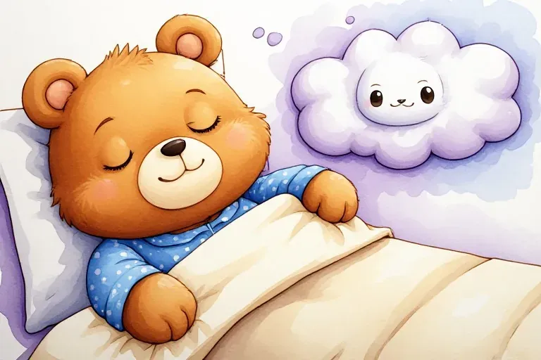 Benny sleeps under a cream quilt in blue pajamas, while Cleo Cloud smiles from a lavender dream window.