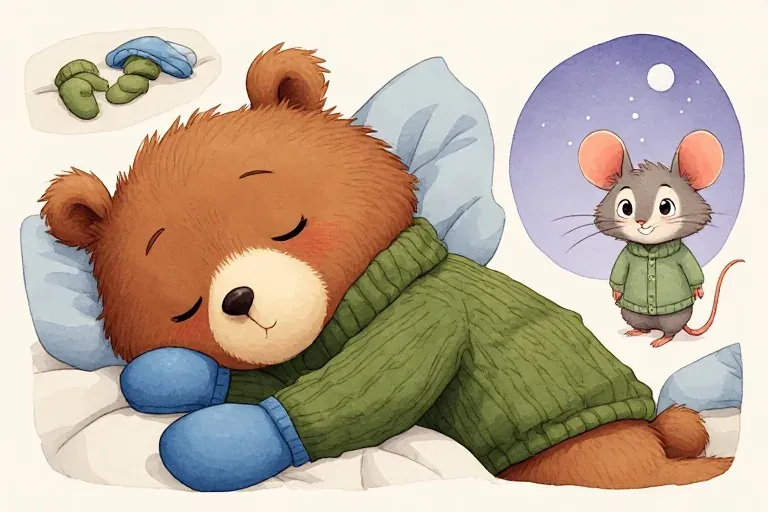 Bear sleeps against a pillow in his green knitted waistcoat and blue mittens, while Mouse smiles from a lavender dream window.