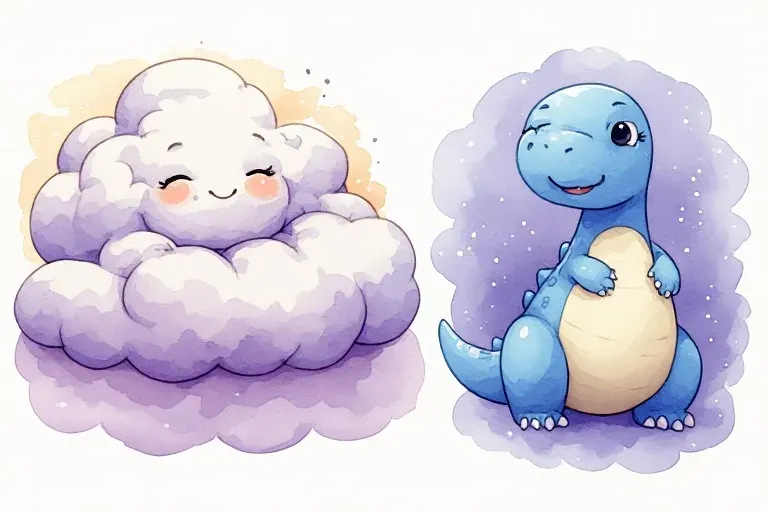 Cleo Cloud rests with her eyes closed, while a smiling sky-blue Dino greets the reader from a lavender vignette.