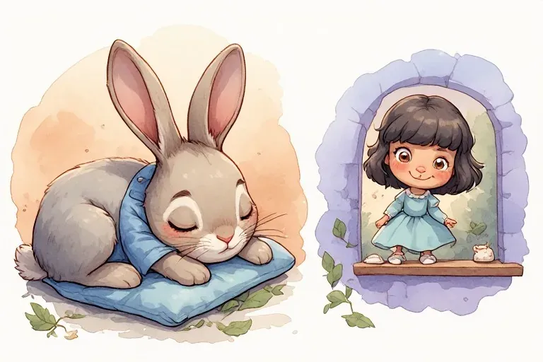 Rabbit sleeps with his head on a blue pillow, while Princess Ada greets the reader from a small lavender dream window.