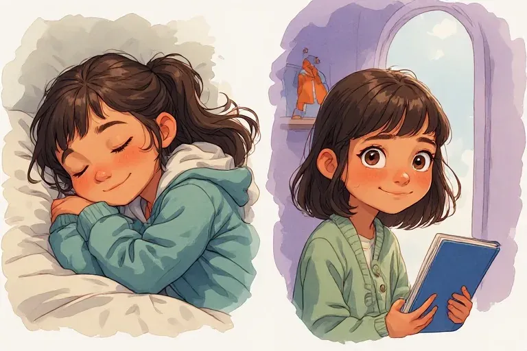 Mara sleeps against a pillow, while Lina holds her blue notebook and smiles toward the reader from a lavender dream vignette.