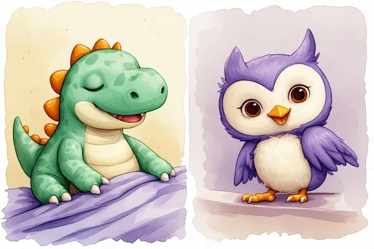 Milo sleeps beneath a lavender quilt, while one awake lavender owl faces the reader from a neighboring painted vignette.