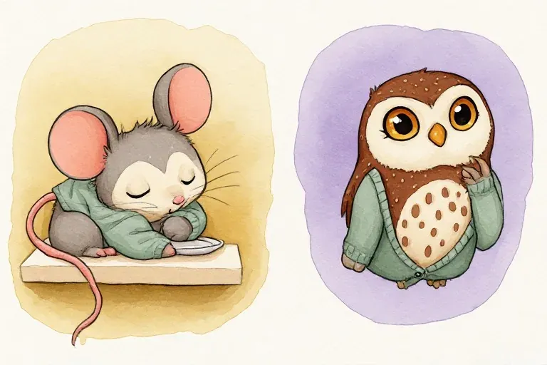 Mouse sleeps beside an empty plate, while a wide-eyed chestnut owl in a green cardigan looks toward the reader from a neighboring vignette.