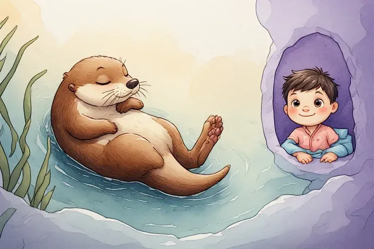 Little Otter rests on her back in calm water, while Leo smiles toward the reader from a small lavender dream window.