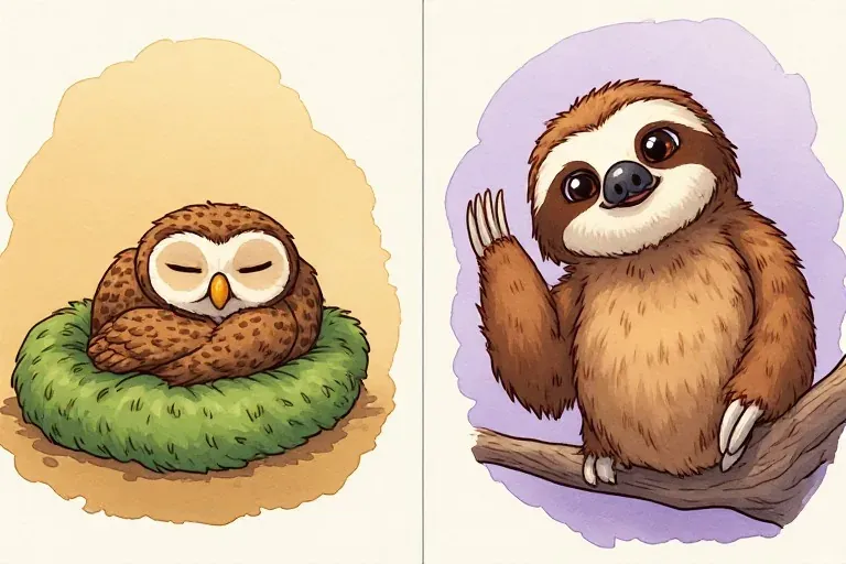 Owl sleeps on a moss nest, while Suki Sloth waves from a neighboring watercolor vignette.