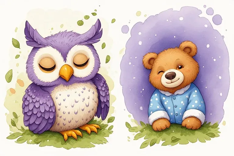 Pip Owl sleeps with his eyes closed, while Benny Bear smiles toward the reader from a neighboring lavender vignette.