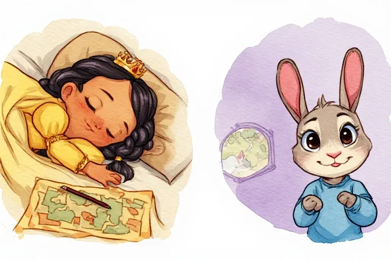 Princess Mira sleeps beside her garden map, while Rabbit smiles toward the reader in his blue shirt.