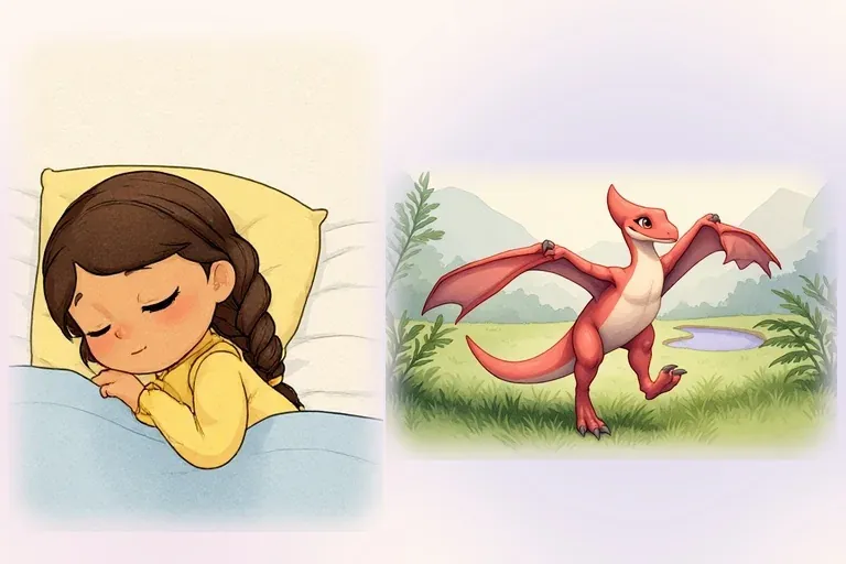 Princess Mira sleeps on her pillow beneath a blue quilt, while awake Pella spreads her coral wings in a neighboring meadow vignette.
