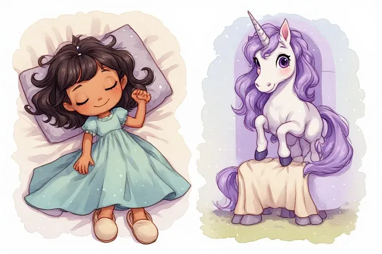 Princess Ada sleeps beside a pillow, while Una Unicorn sits awake on a stump in a neighboring lavender vignette.