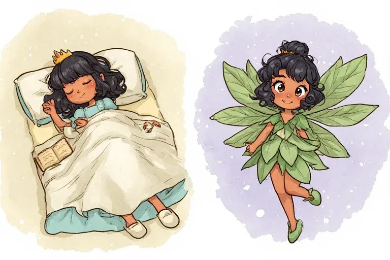 Princess Ada sleeps beside a closed book, while Fern Fairy offers a gentle greeting from a leafy lavender dream vignette.