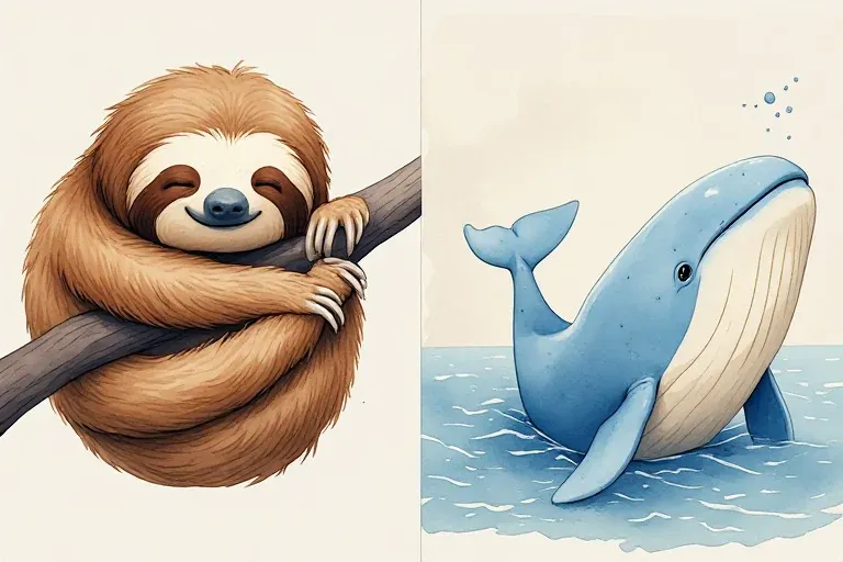 Suki sleeps curled around a broad branch, while Willa Whale looks toward the reader from calm blue water.