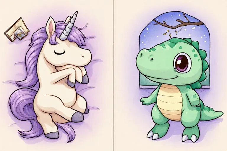 Una sleeps with her eyes closed, while Milo Dinosaur smiles toward the reader from a lavender dream window.