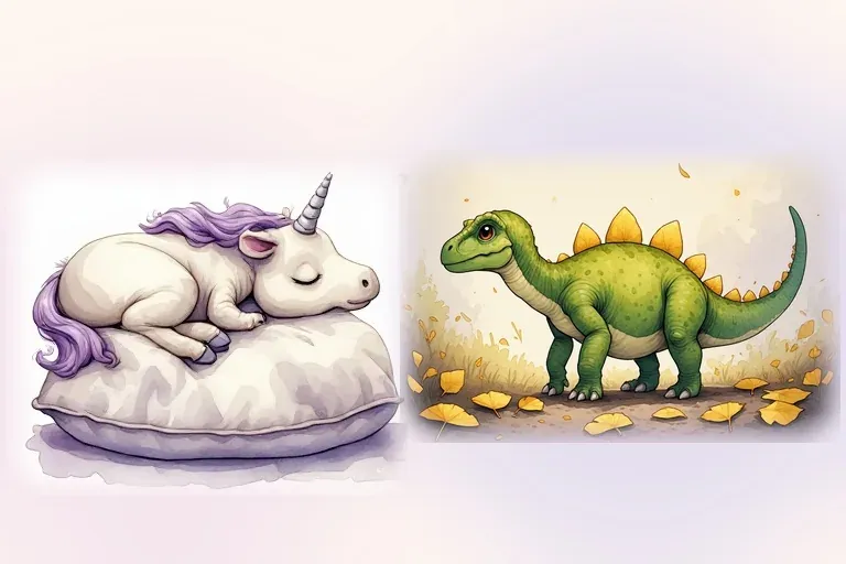 Una Unicorn sleeps on a soft cushion, while awake Sora Stegosaurus looks toward the reader among golden leaves.